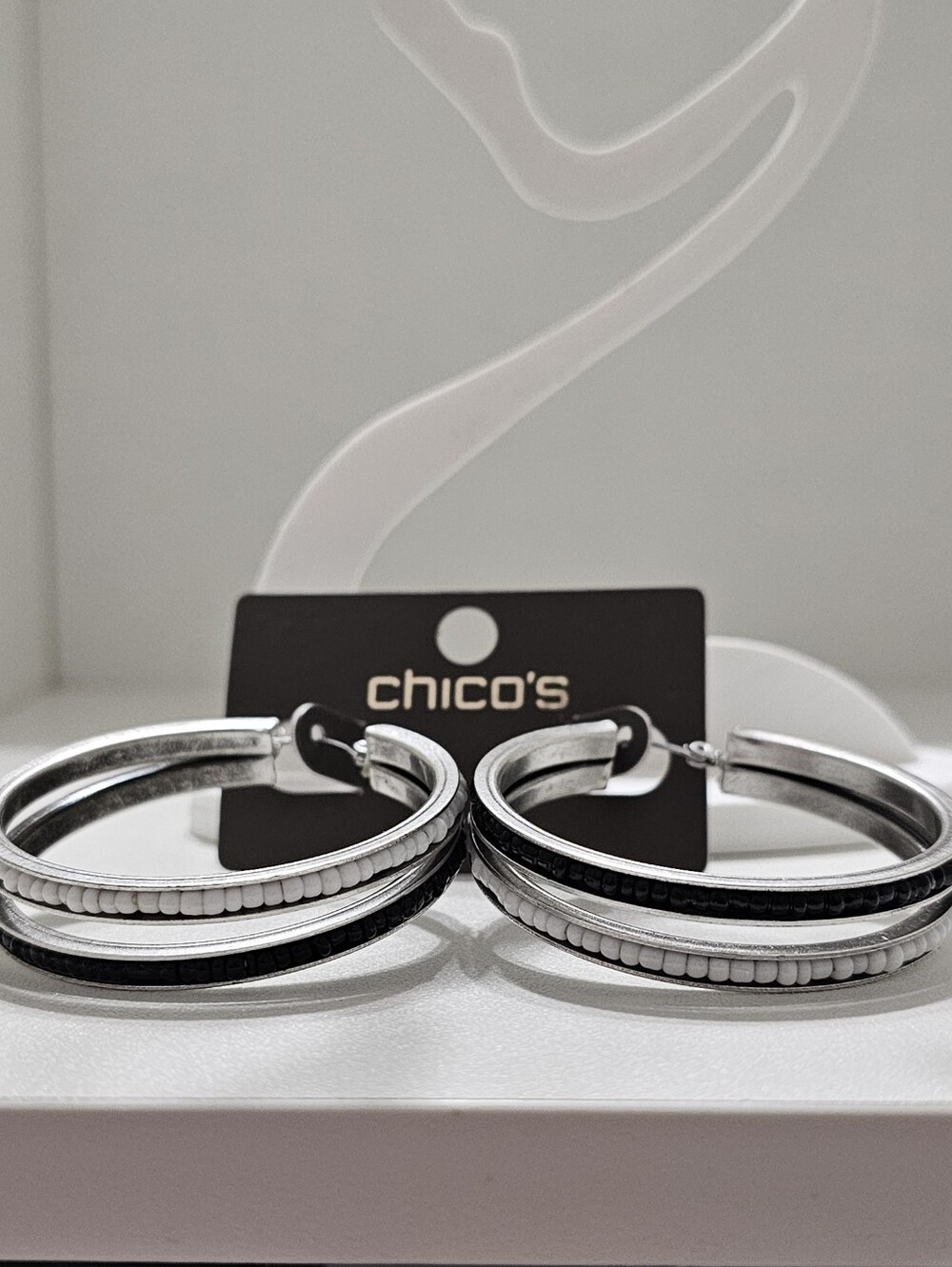 Chico's Elsa Layered Seed Bead Double Hoop Earrings NWT Two Tone Silver Gift